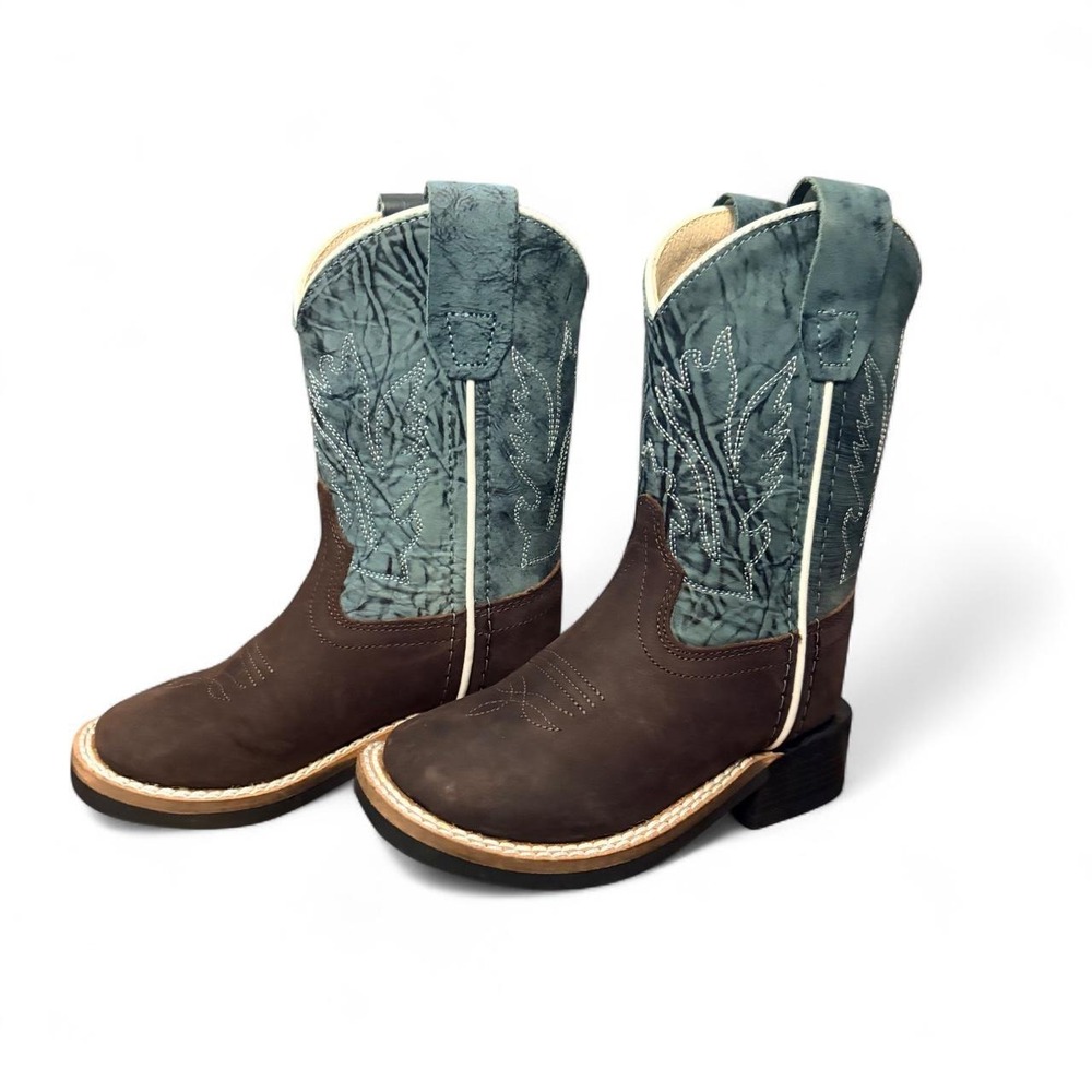 OldWest Toddler BS11884 BrownBlue Leather Cowboy Boots Leaf Embroidered Size 8.5